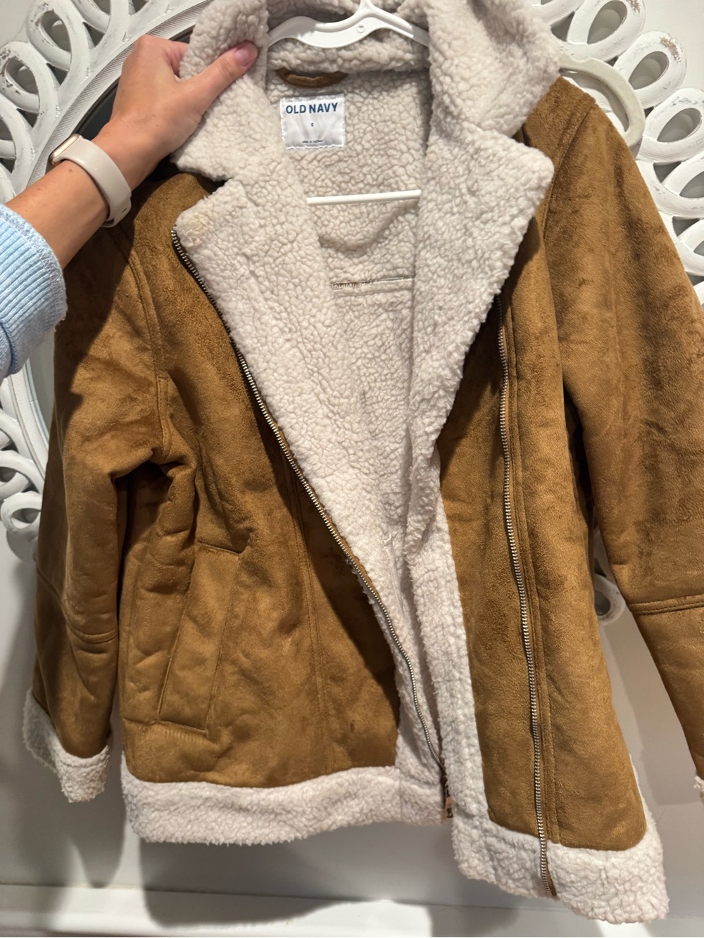 Old Navy Tan Faux Suede Teddy Jacket with Cream Sherpa Lining